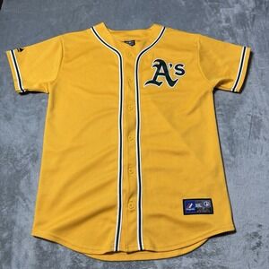Majestic Oakland A's Athletics Jersey XL YOUTH 18-20 Yellow Button Up Cool Base